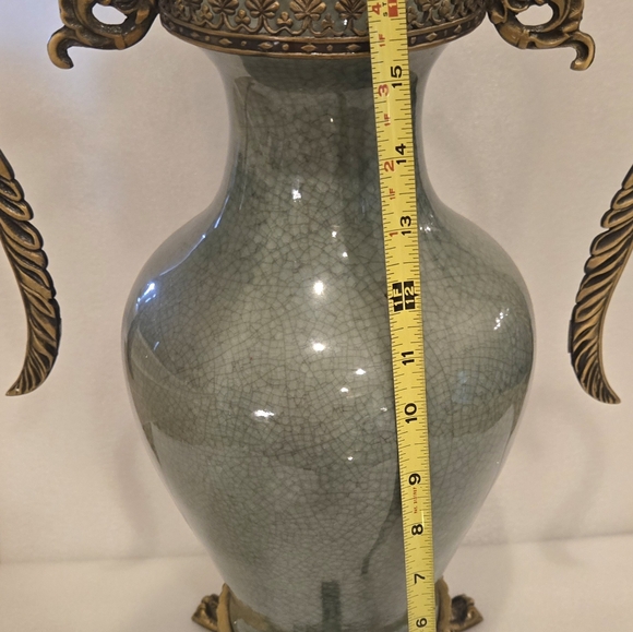 Antique Style Celadon Crackle Vase Ormolu Bronze Handles Base French Rococo 17” - Picture 10 of 11
